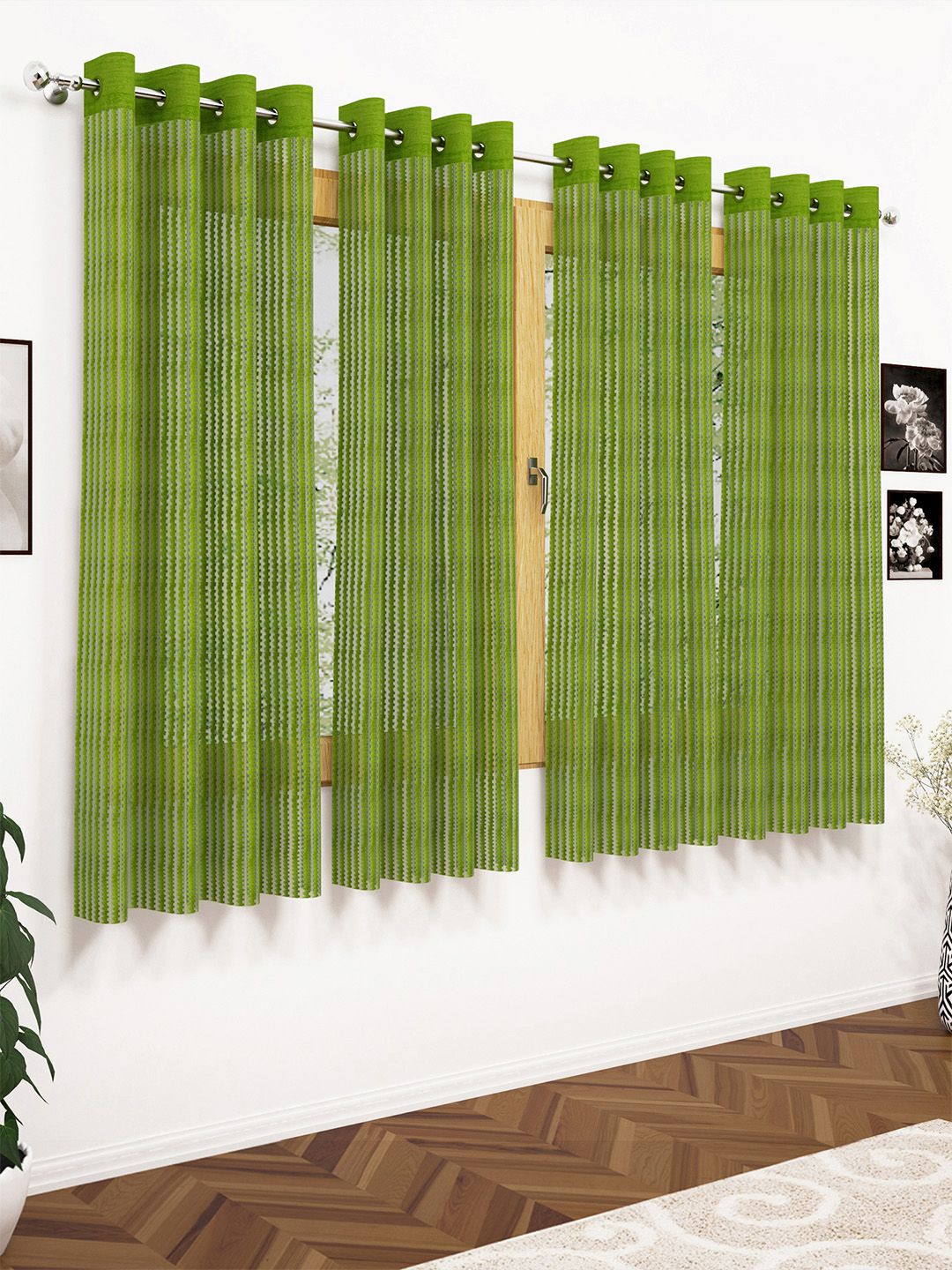 Story@home Olive Green Set of 4 200GSM Sheer Semi Window Curtains Price in India