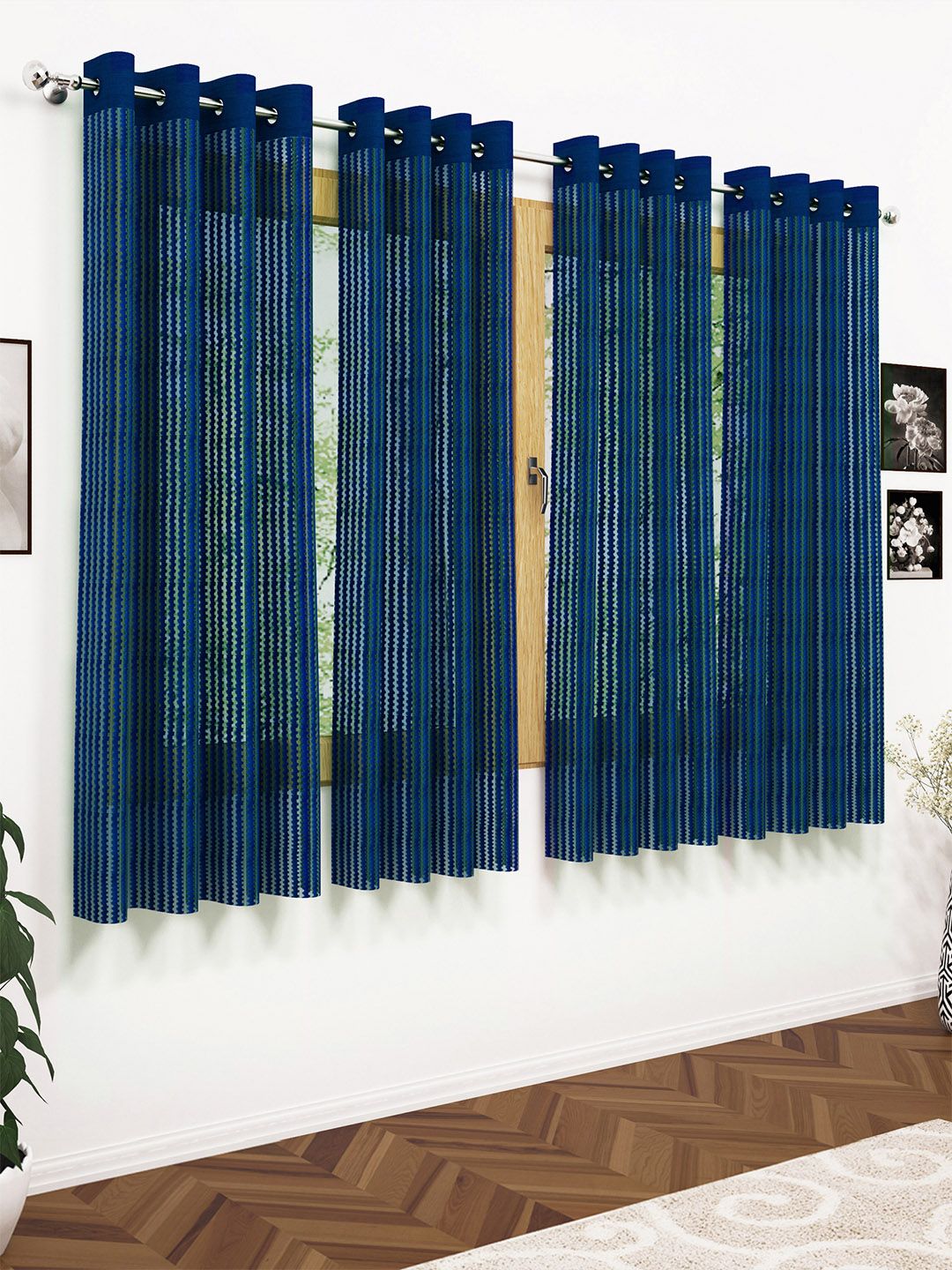 Story@home Navy Blue Set of 4 200GSM Sheer Semi Window Curtains Price in India