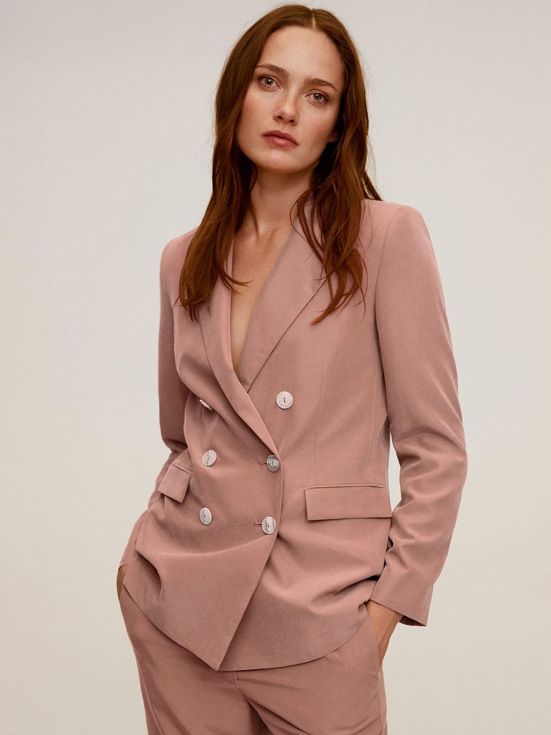 MANGO Women Dusty Pink Solid Double-Breasted Formal Blazer Price in India