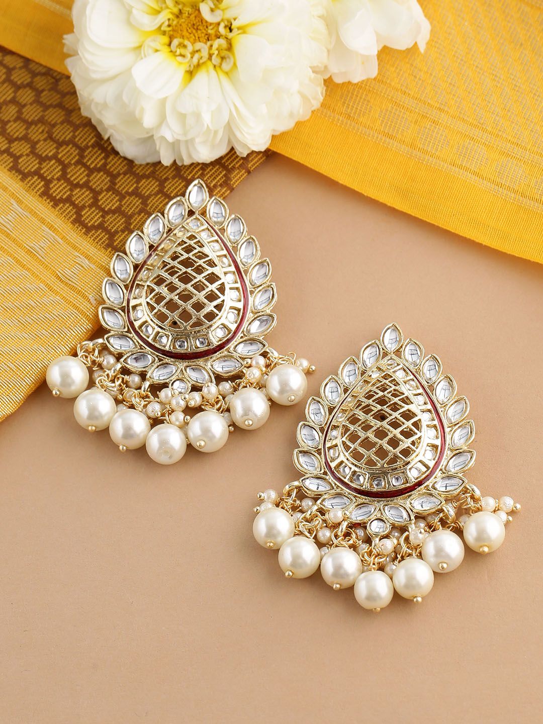 Shoshaa Off-White Gold Plated Kundan Studded & Beaded Teardrop Shaped Drop Earrings Price in India