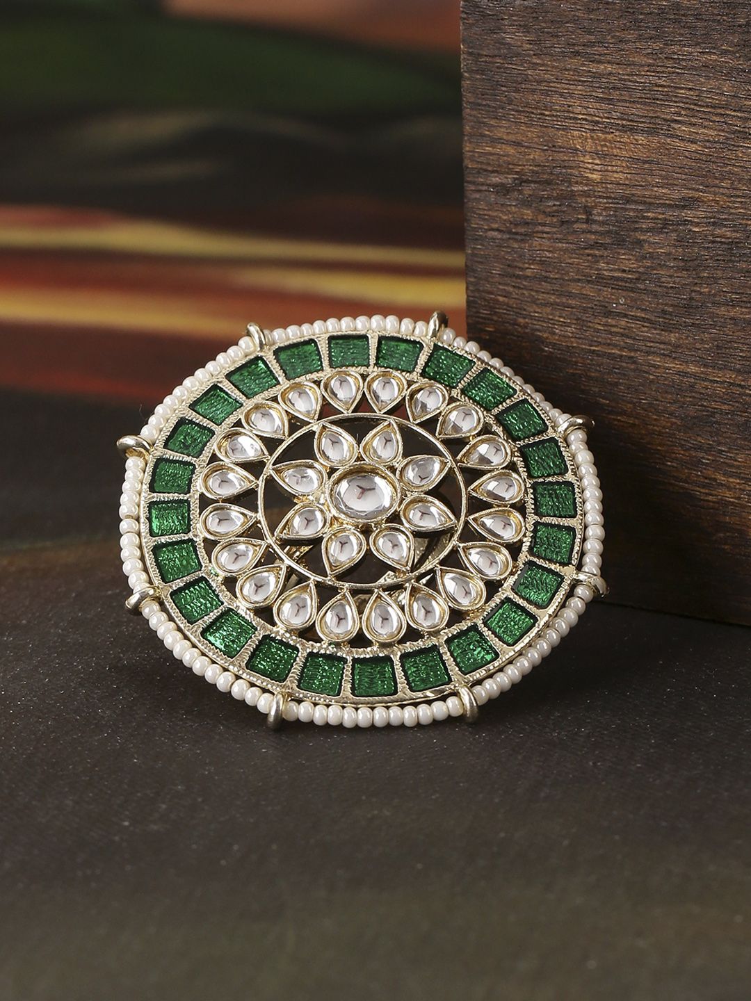 Shoshaa Gold-Plated Green & White Kundan-Studded Beaded Cocktail Finger Ring Price in India