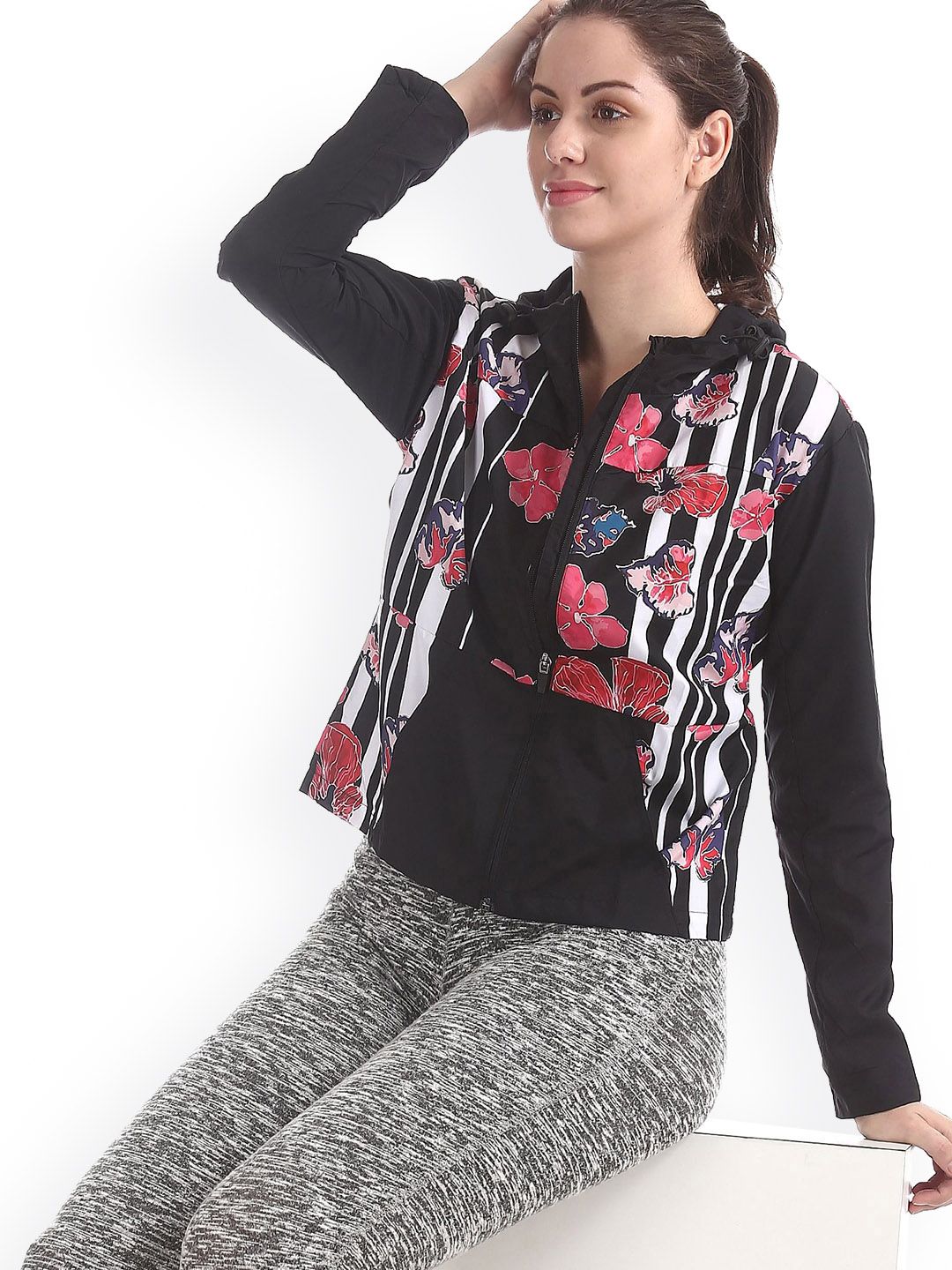 Sugr Women Black & Pink Printed Hooded Front Open Sweatshirt Price in India