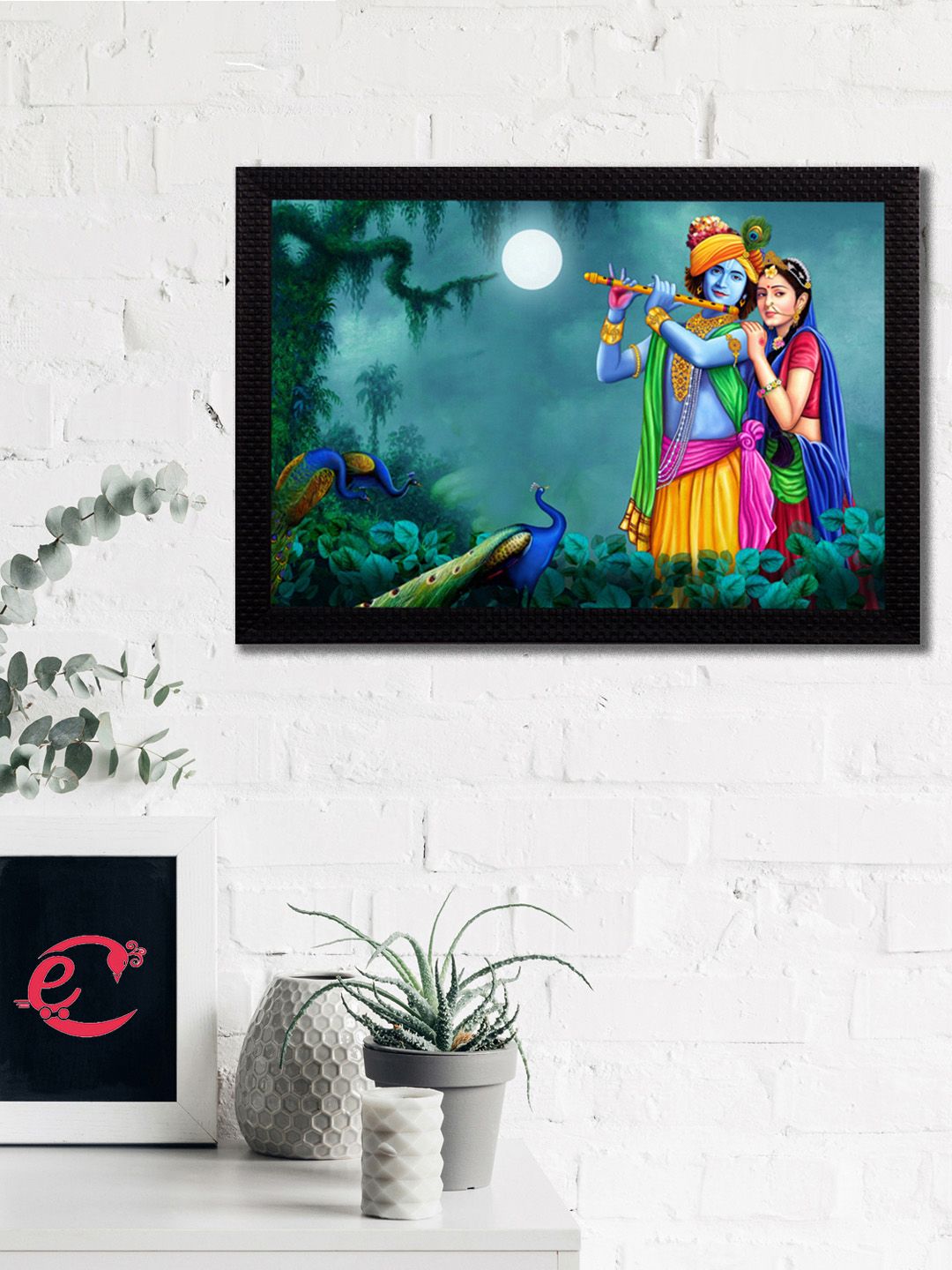 eCraftIndia Blue & Green Radha Krishna Playing Flute Satin Matt Texture UV Art Wall Painting Price in India