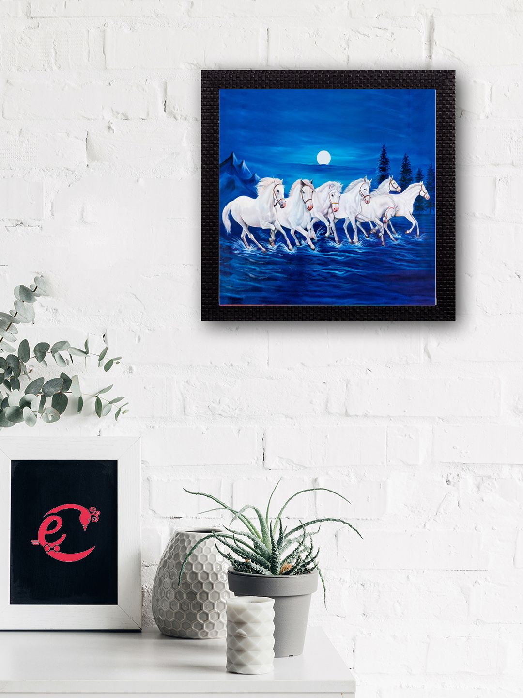 eCraftIndia Blue & White Seven Running Lucky Horses Satin Matt Texture UV Wall Art Price in India