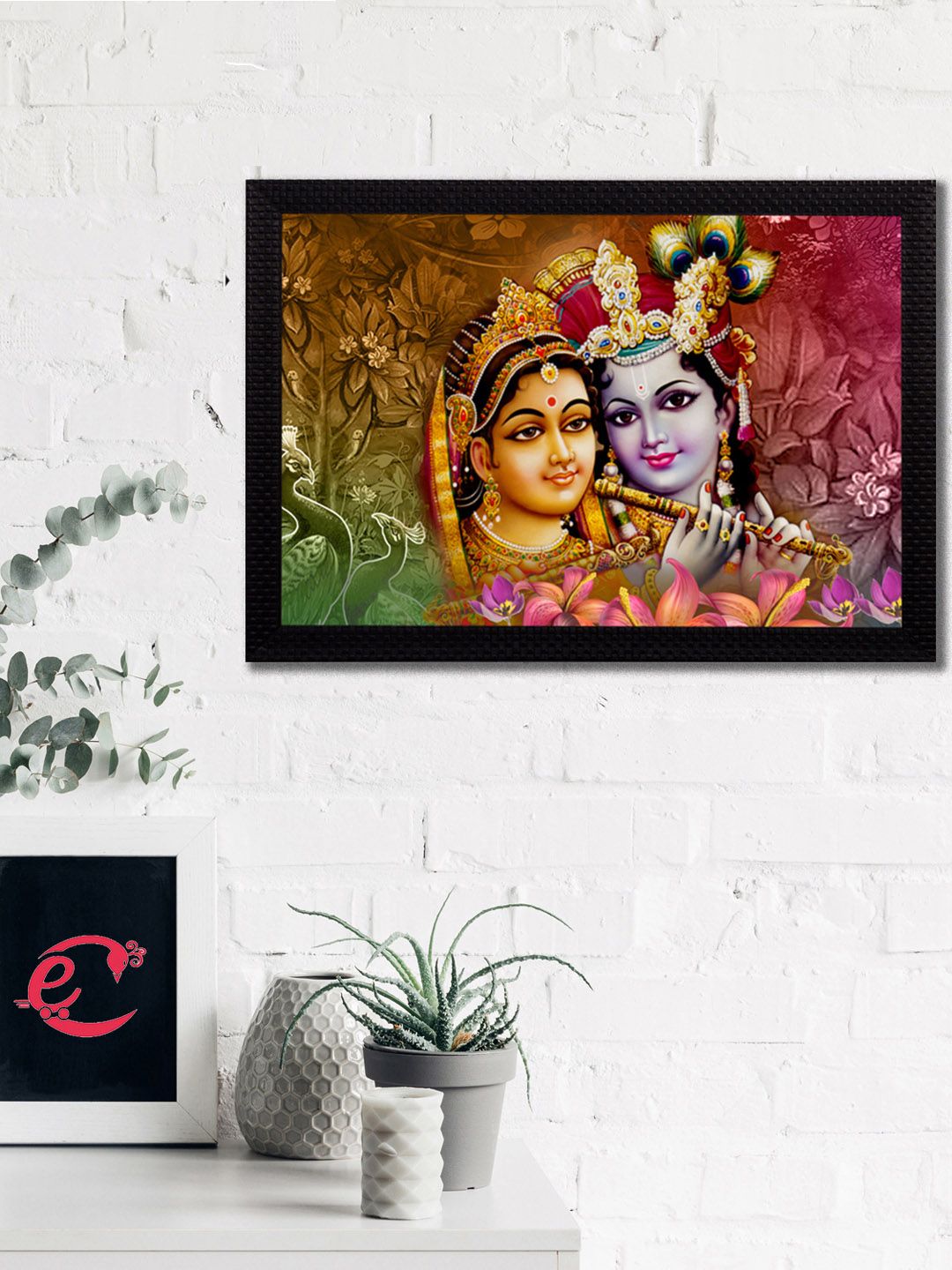 eCraftIndia Yellow & Green Radha Krishna Playing Flute Satin Matt Texture UV Wall Art Price in India