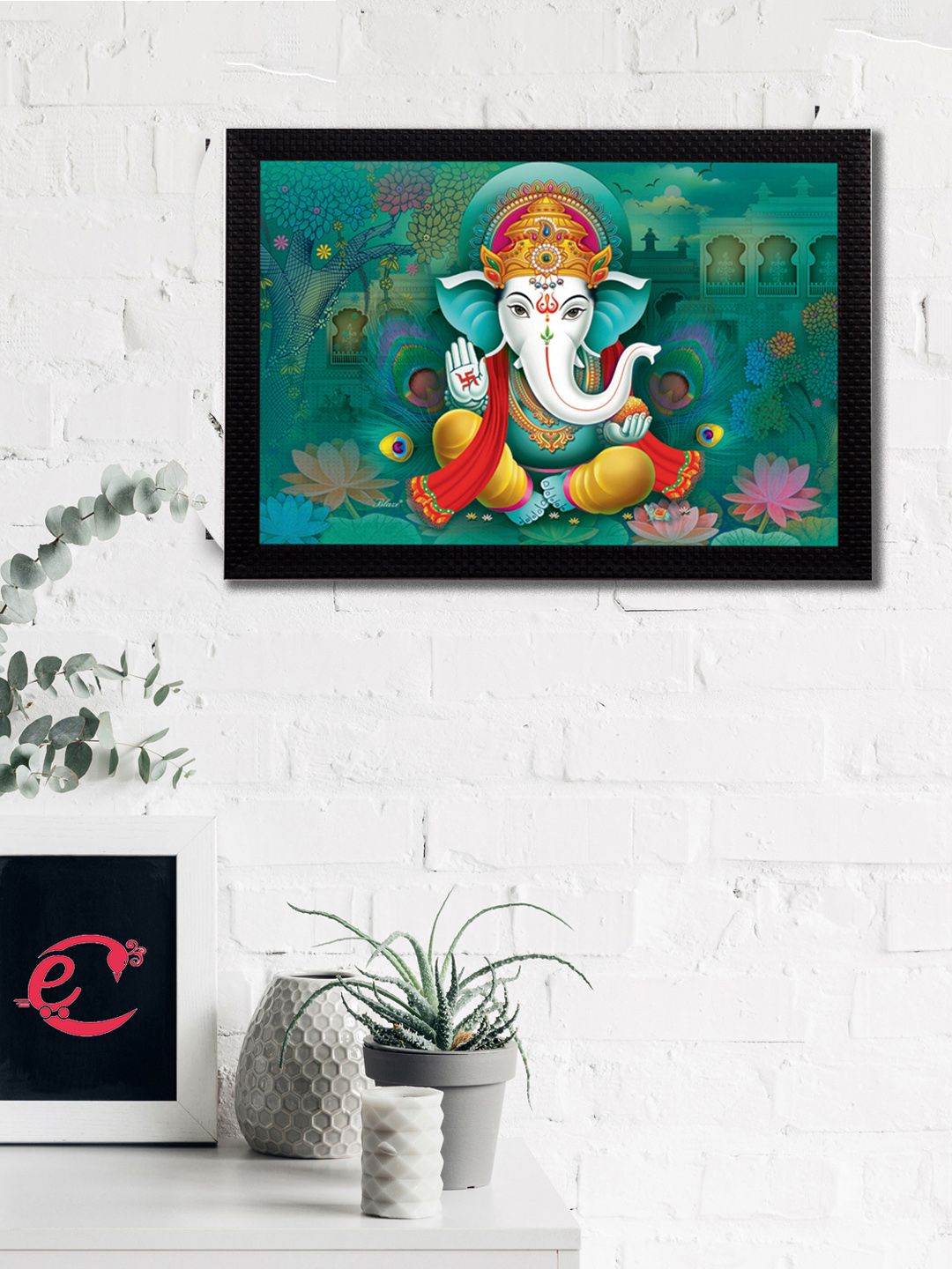 eCraftIndia Sea Green & Yellow Lord Ganesha Satin Matt Texture UV Wall Art Price in India