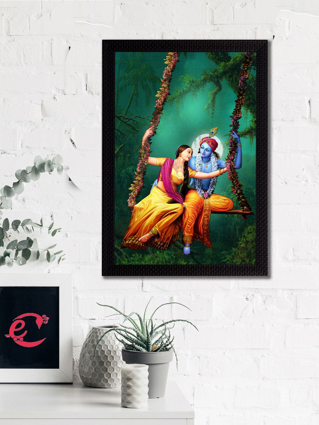 eCraftIndia Green & Yellow Radha Krishna On Swing Satin Matt Texture UV Wall Art Price in India