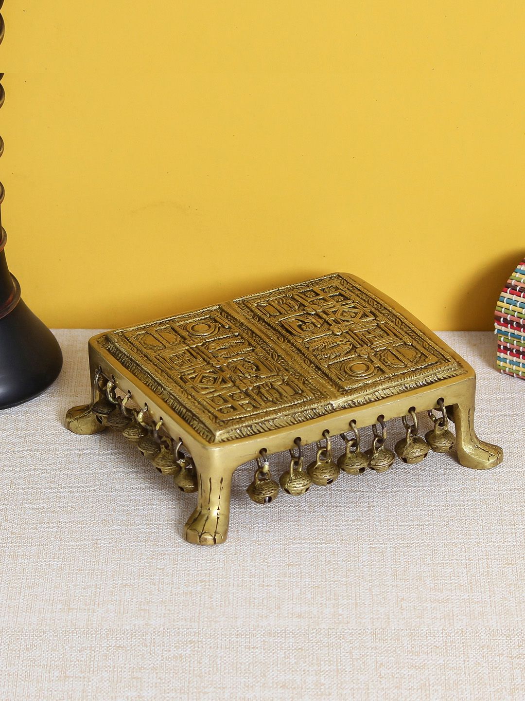 eCraftIndia Gold-Toned Handcrafted Brass Traditional Pooja Chowki With Bells Price in India