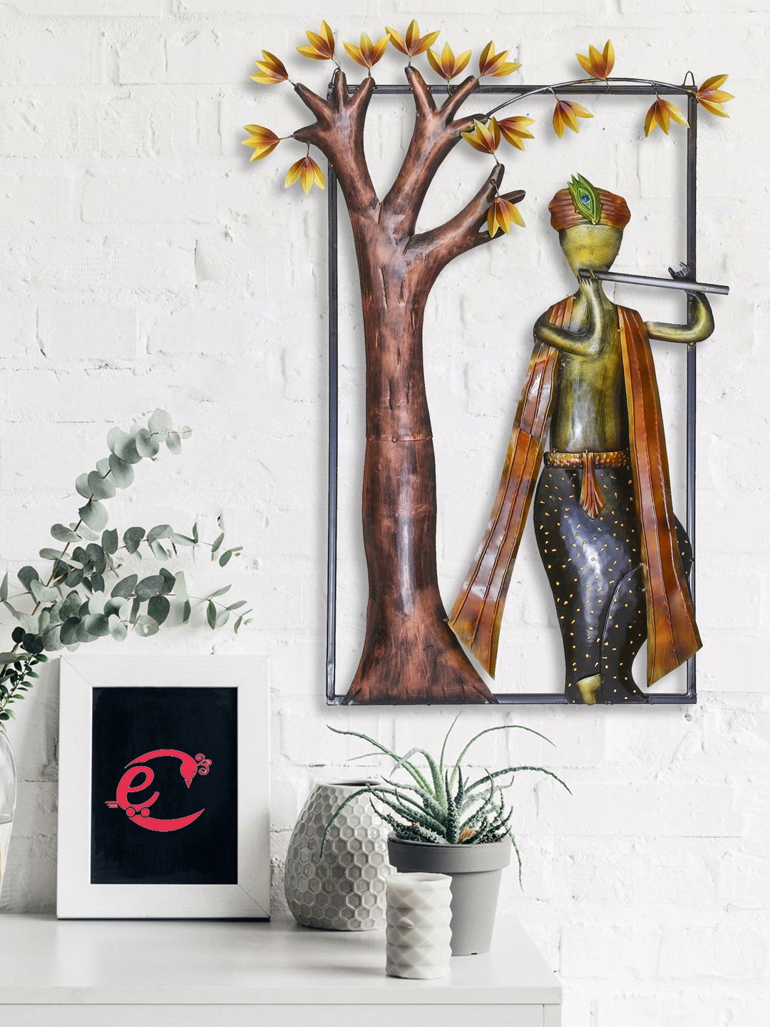 eCraftIndia Brown & Black Handcrafted Lord Krishna Playing Flute Under Tree Iron Wall Hanging Showpiece Price in India