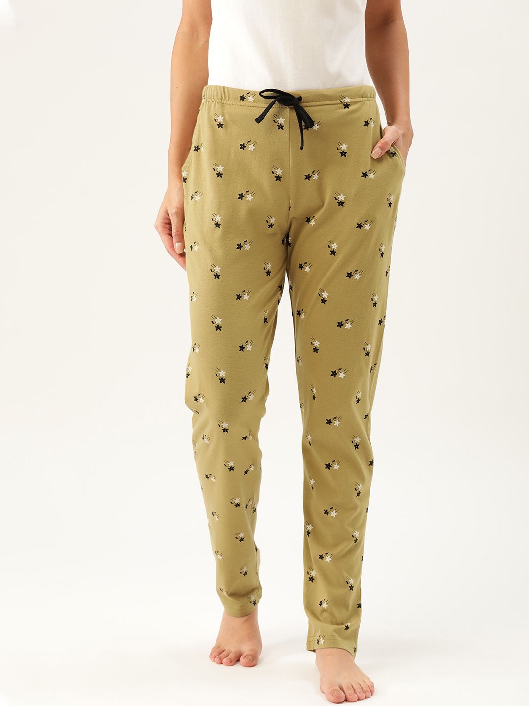 Kanvin Women Olive Green & Black Printed Lounge Pants Price in India