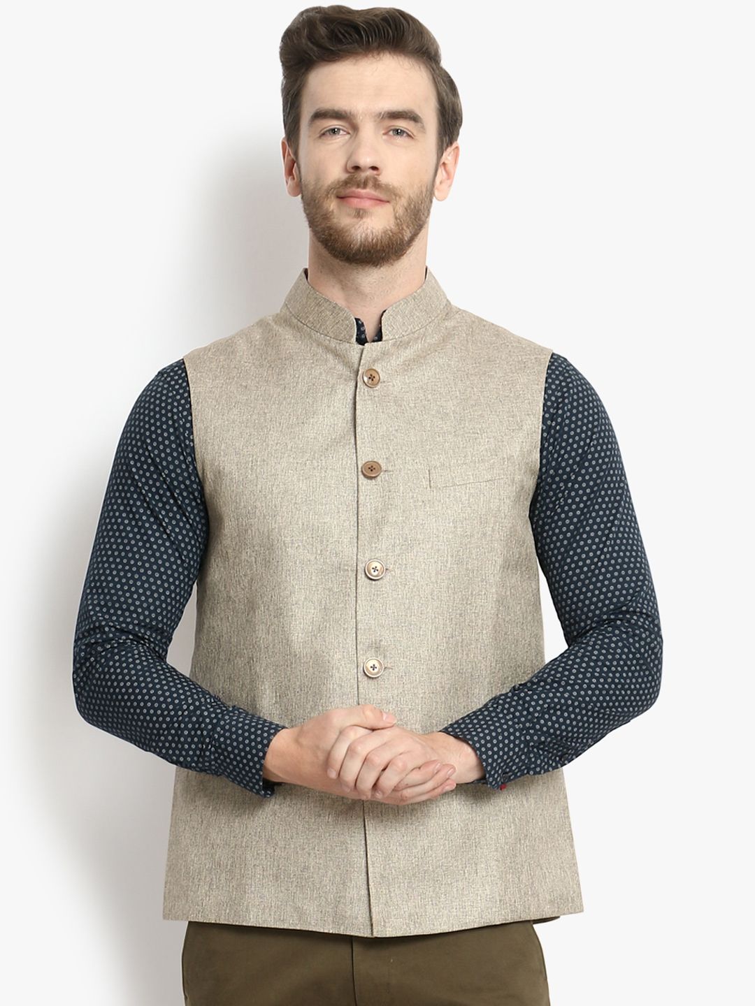 Vastraa Fusion Men Beige Solid Woven Jute Cotton Nehru Jacket
