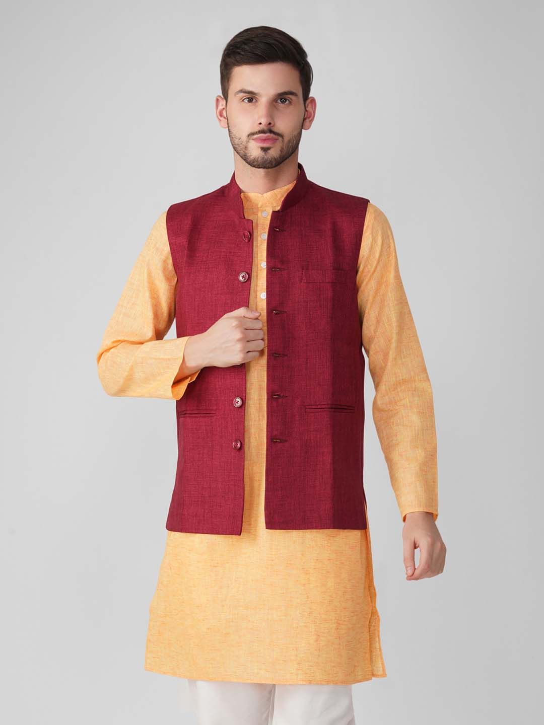 Vastraa Fusion Men Maroon Solid Woven Nehru Jacket