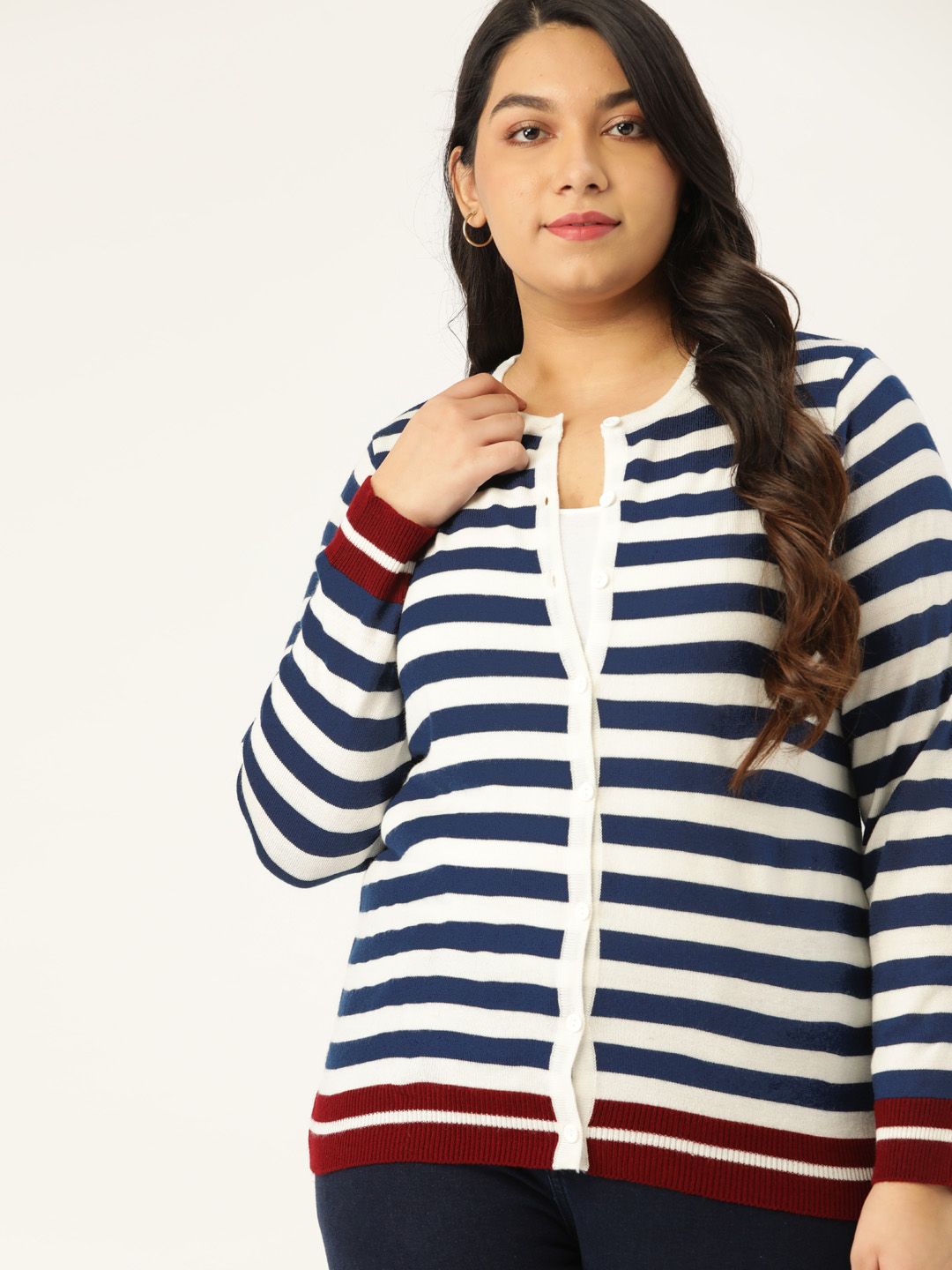 Sztori Women Plus Size White & Navy Blue Striped Cardigan Price in India