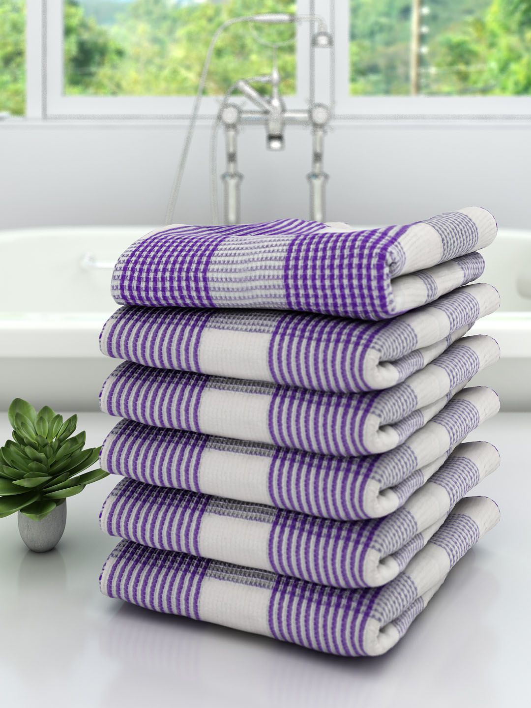 Athom Trendz Unisex Set Of 6 White & Purple Checked 210 GSM Premium Bath Towels Price in India