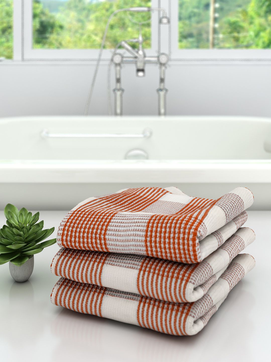Athom Trendz Unisex Set Of 3 Off-White & Brown Checked Premium Bath Towels Price in India