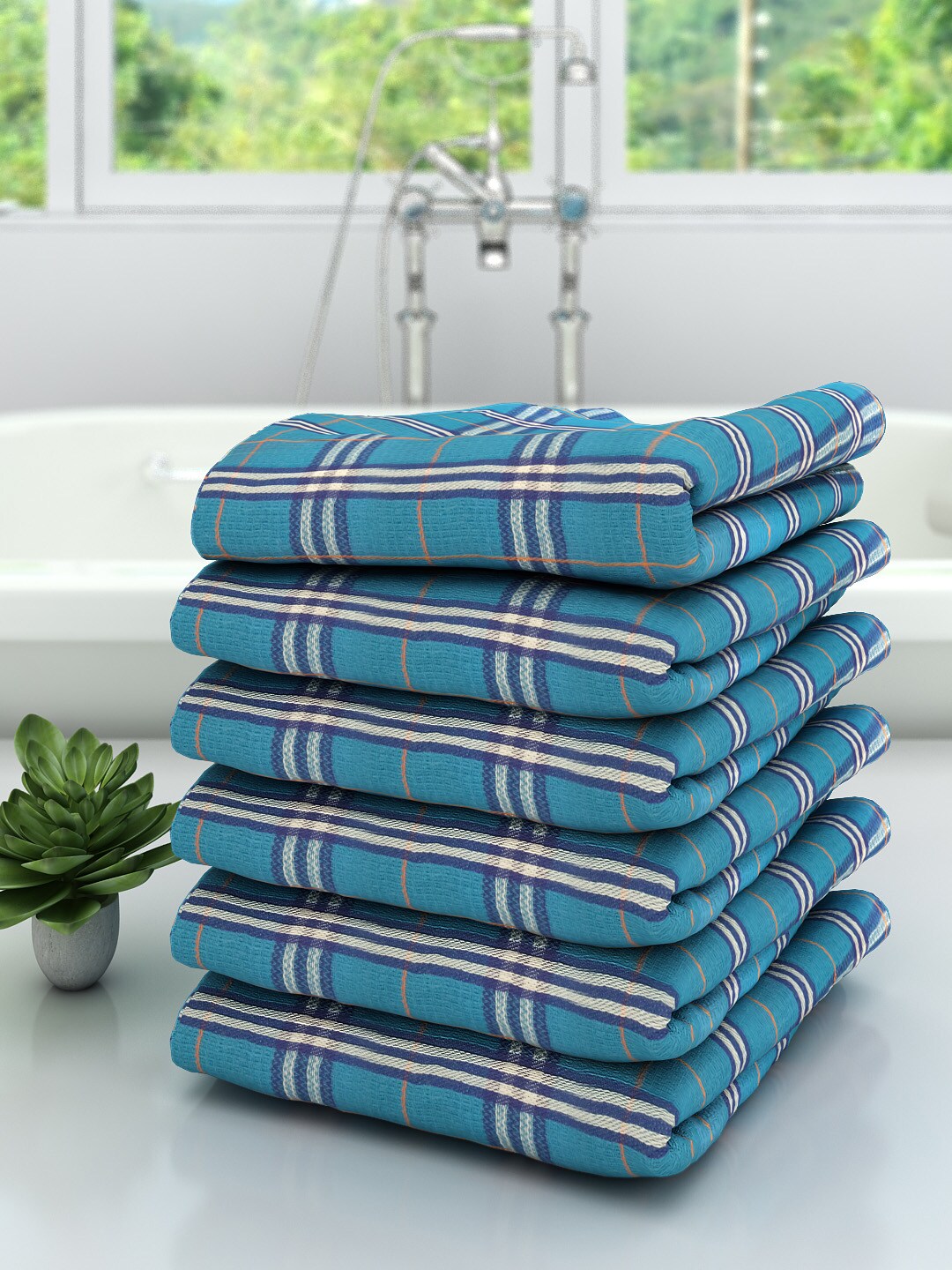 Athom Trendz Unisex Set Of 6 Blue & White Checked 210 GSM Premium Bath Towels Price in India