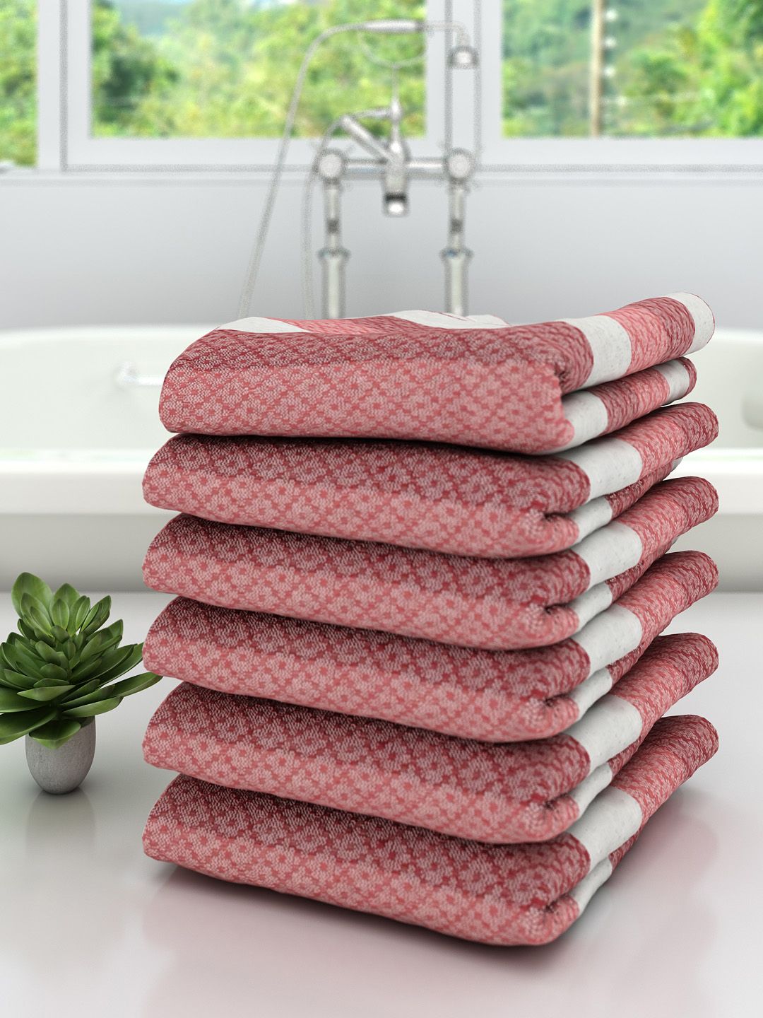 Athom Trendz Unisex Set Of 6 Pink & White Self-Design 210 GSM Premium Bath Towels Price in India