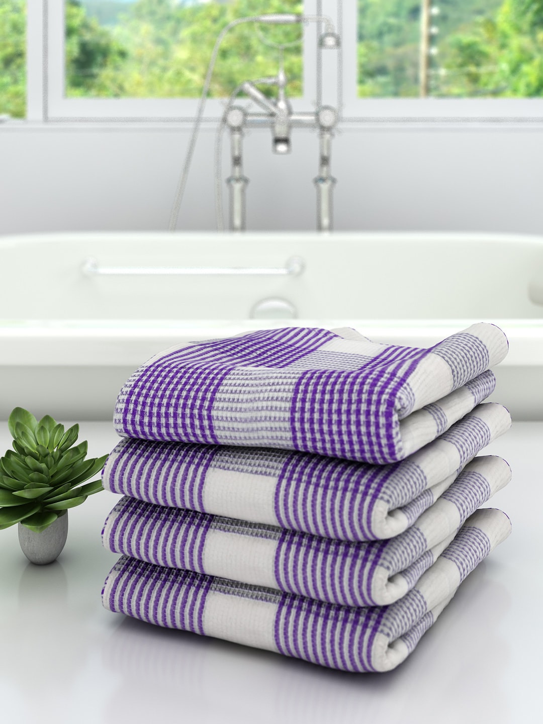 Athom Trendz Unisex Set Of 4 White & Purple Checked 210 GSM Premium Bath Towels Price in India
