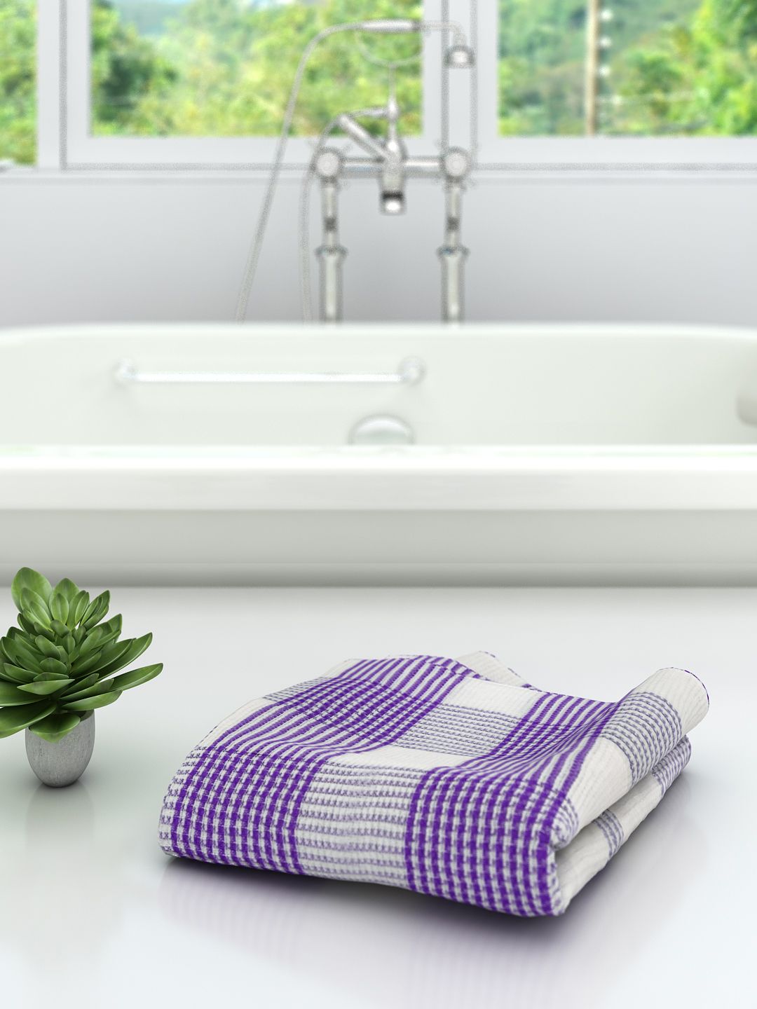 Athom Trendz Unisex White & Purple Checked Premium 210 GSM Bath Towels Price in India