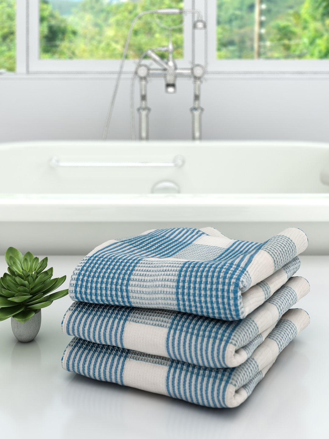 Athom Trendz Unisex Set Of 3 White & Blue Checked 210 GSM Premium Bath Towels Price in India