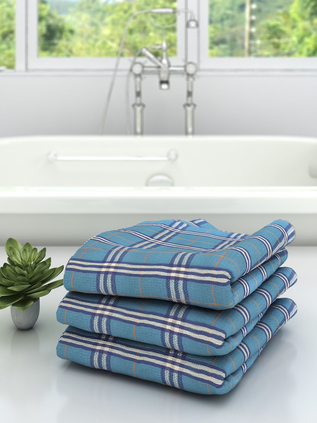 Athom Trendz Unisex Set Of 3 Blue & White Checked 210 GSM Premium Bath Towels Price in India