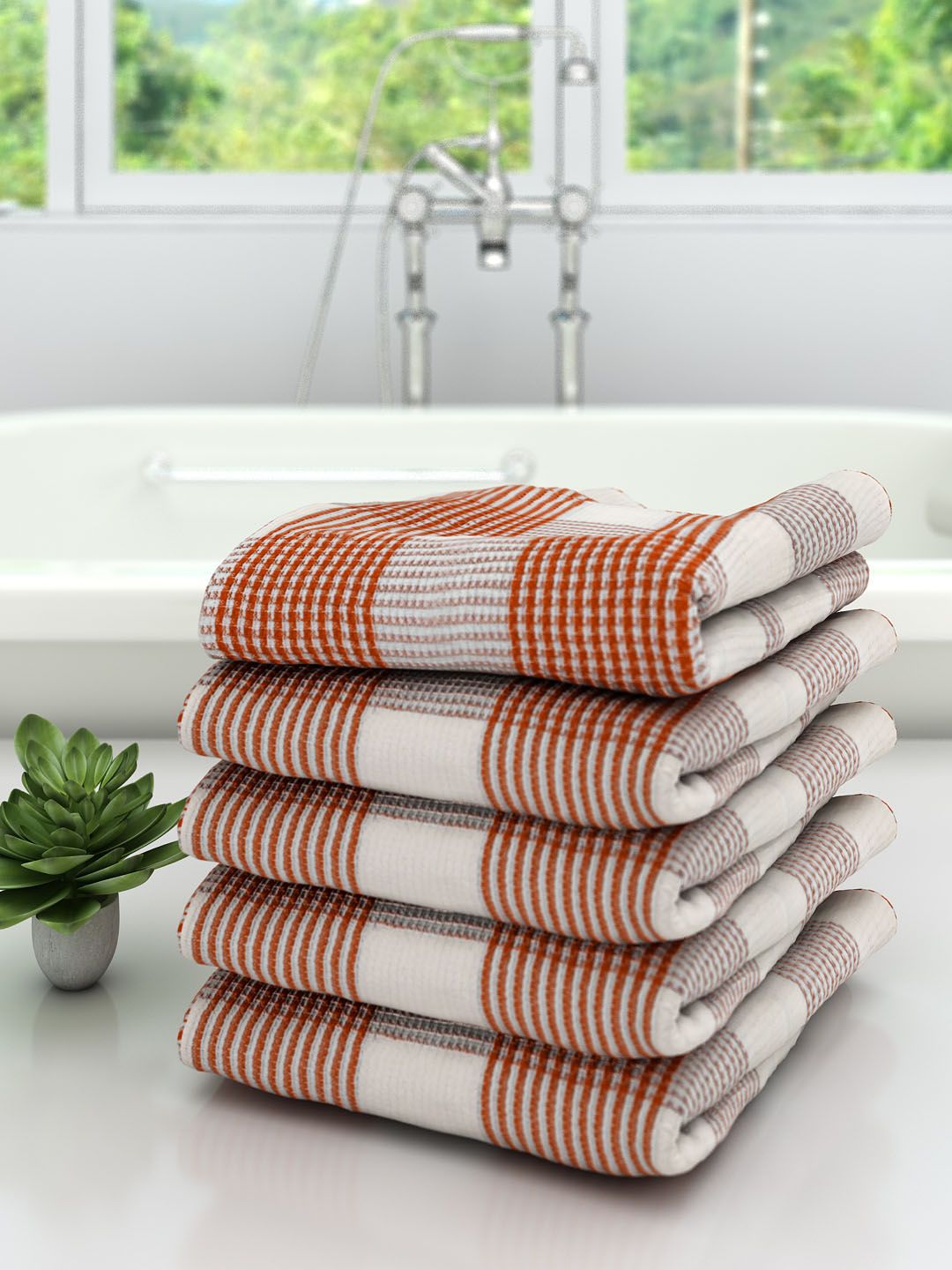 Athom Trendz Set Of 5 White & Brown Checked 210 GSM Premium Bath Towels Price in India