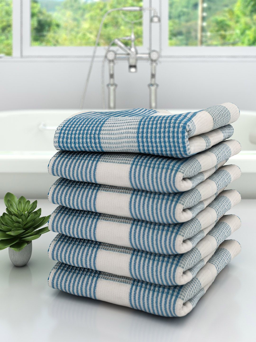 Athom Trendz Unisex Set Of 6 White & Blue Checked 210 GSM Premium Bath Towels Price in India