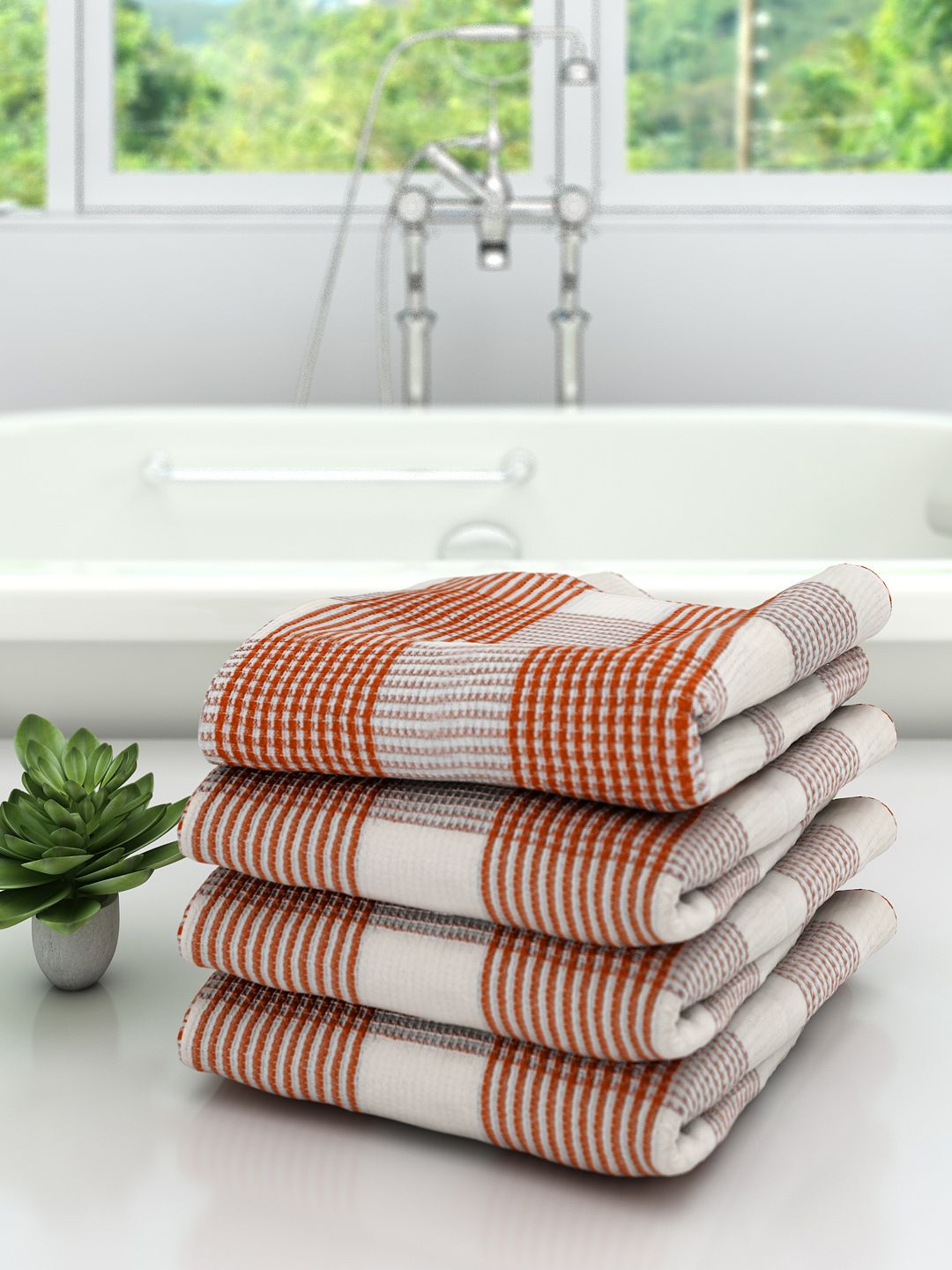 Athom Trendz Unisex Set Of 4 White & Brown Checked 210 GSM Premium Bath Towels Price in India