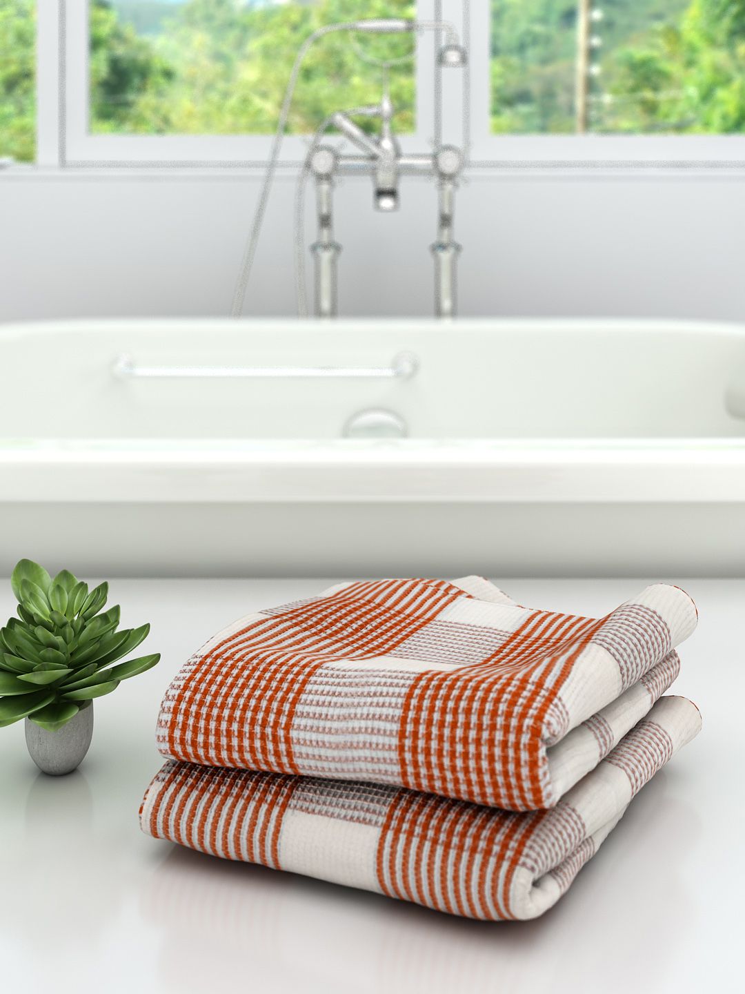 Athom Trendz Unisex Set Of 2 White & Orange Checked 210 GSM Premium Bath Towels Price in India