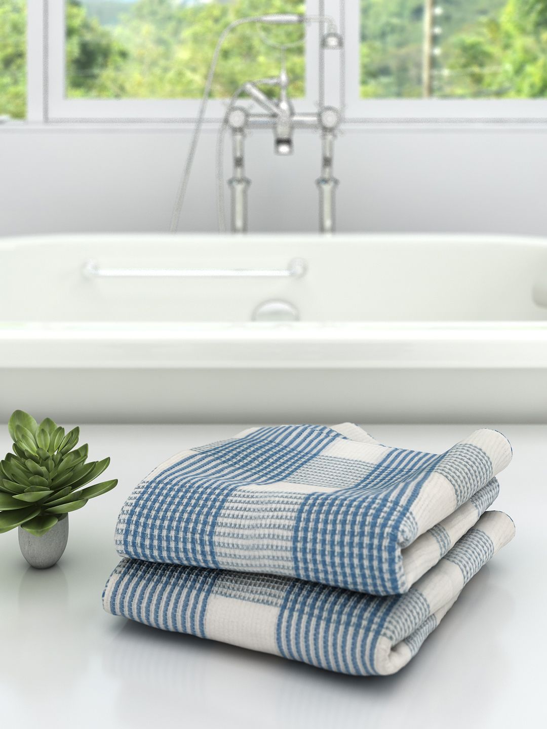 Athom Trendz Unisex Set Of 2 White & Blue Checked 210 GSM Premium Bath Towels Price in India