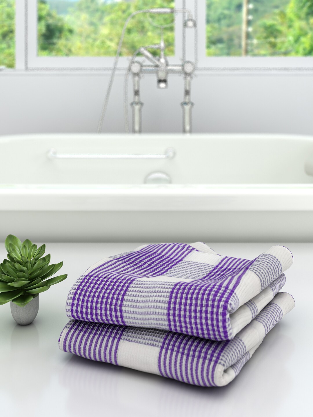 Athom Trendz Set Of 2 White & Purple Checked 210 GSM Premium Bath Towels Price in India