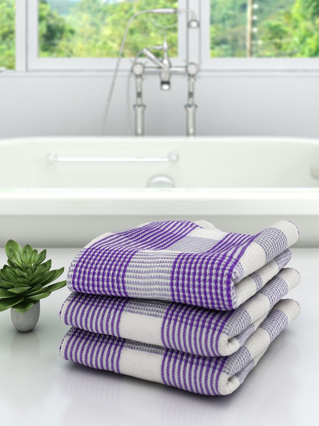 Athom Trendz Unisex Set Of 3 White & Purple Checked 210 GSM Premium Bath Towels Price in India