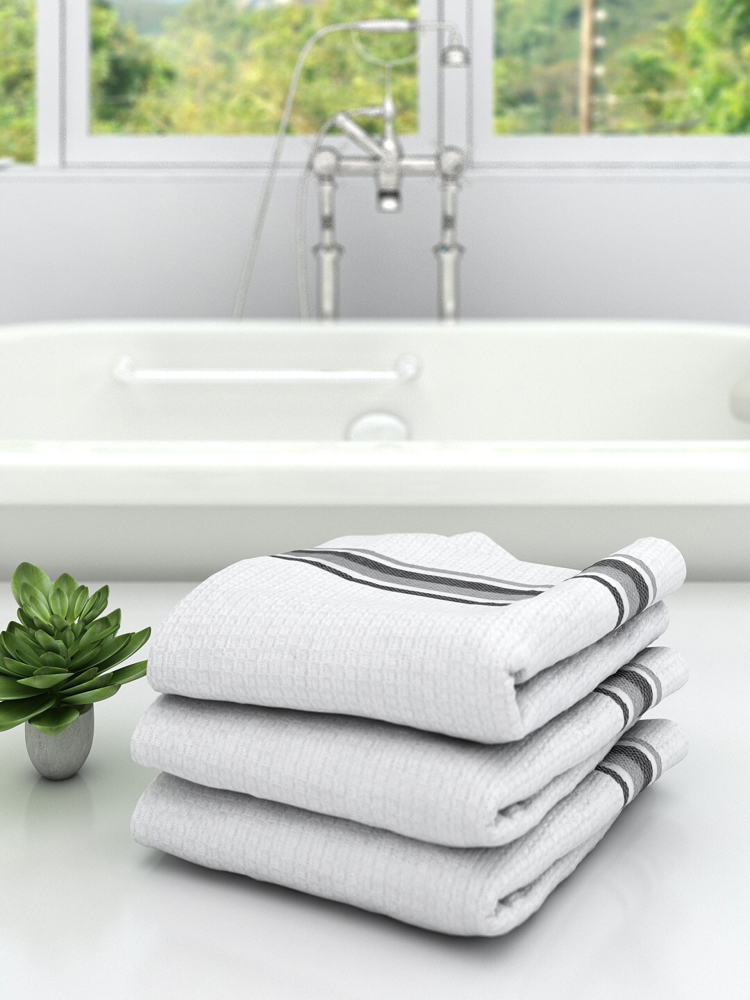 Athom Trendz Unisex Set Of 3 White & Grey Self Design 210 GSM Premium Bath Towels Price in India