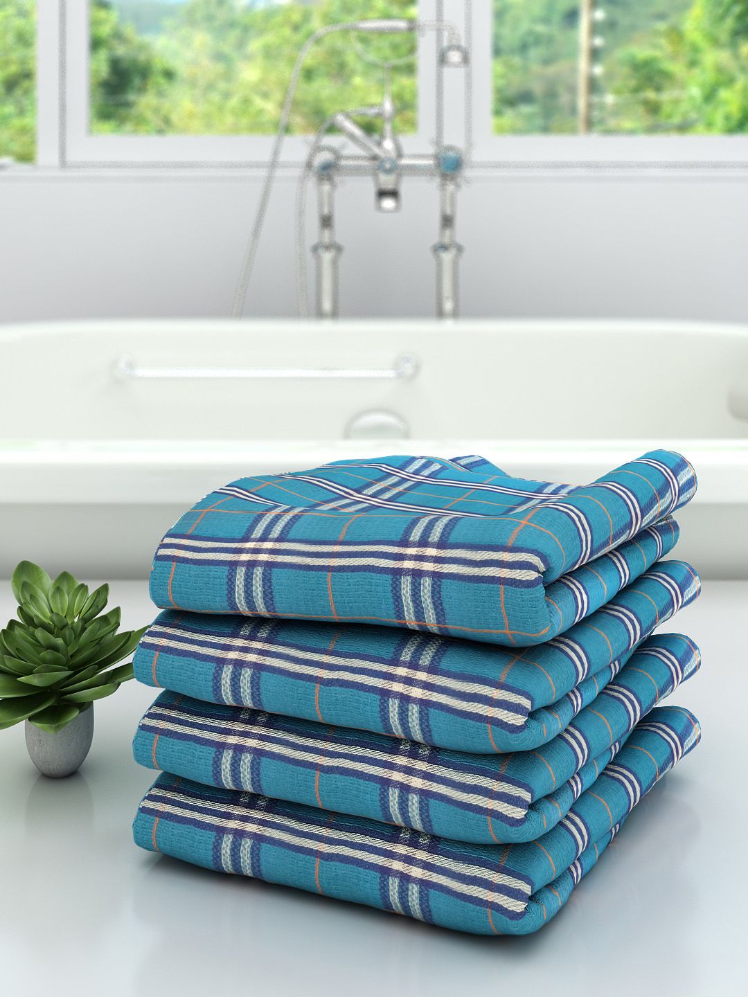 Athom Trendz Pack of 4 Blue & White Checked 210 GSM Cotton Bath Towels Price in India