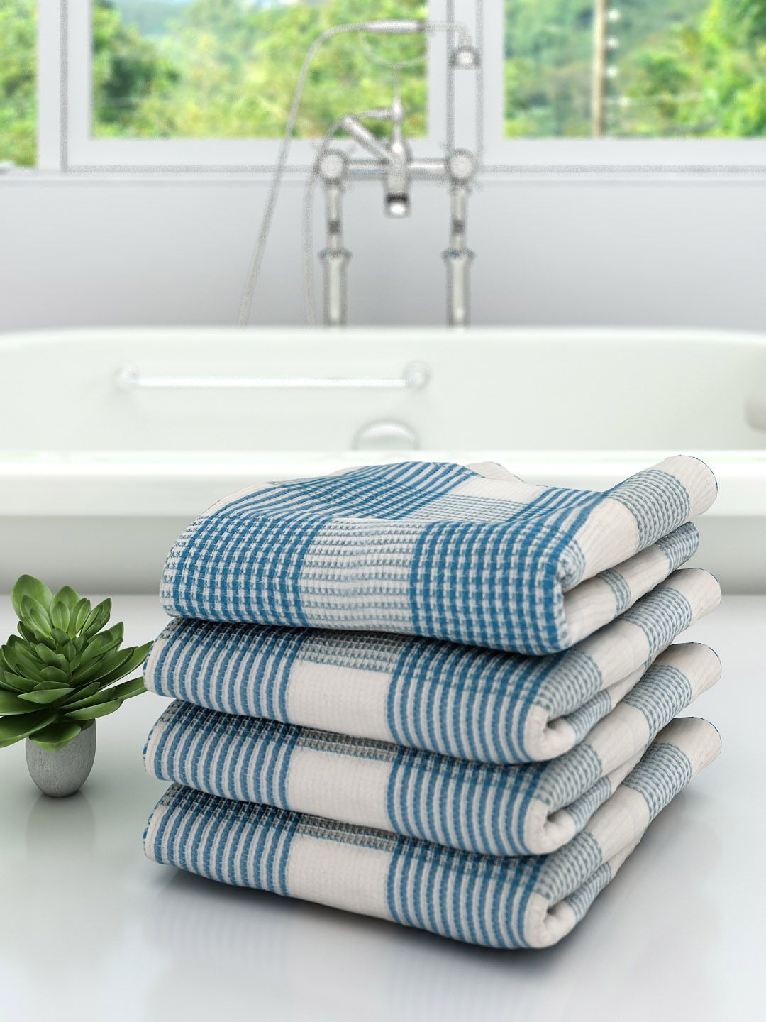 Athom Trendz Set of 4 Off-White & Blue Checked 210 GSM Premium Bath Towels Price in India