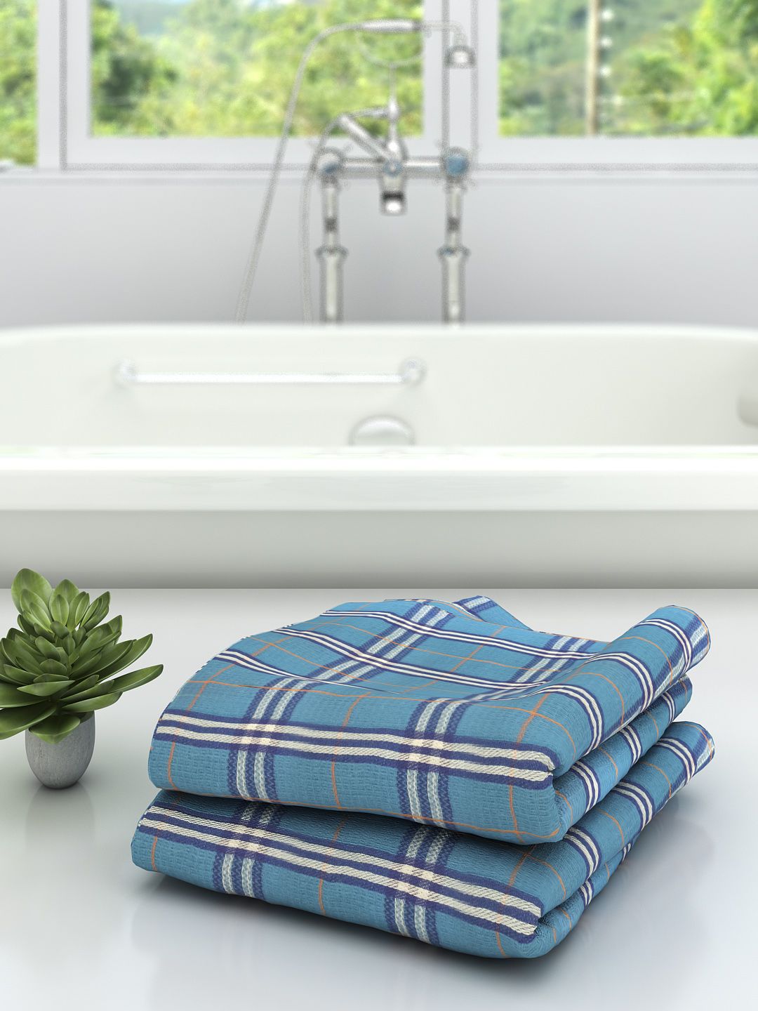 Athom Trendz Unisex Set Of 2 Blue & White Checked 210 GSM Premium Bath Towels Price in India
