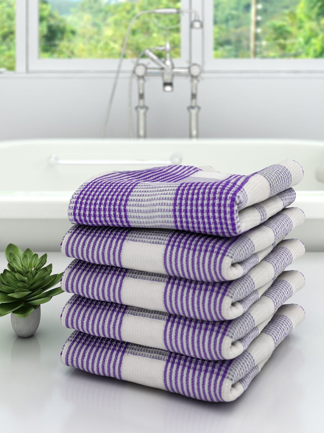 Athom Trendz Unisex Set Of 5 White & Purple Checked 210 GSM Premium Bath Towels Price in India