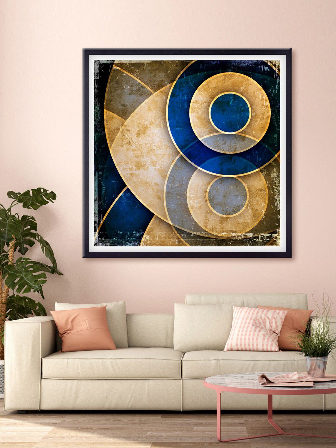 999Store Beige & Blue Circle Abstract Canvas Wall Art Price in India