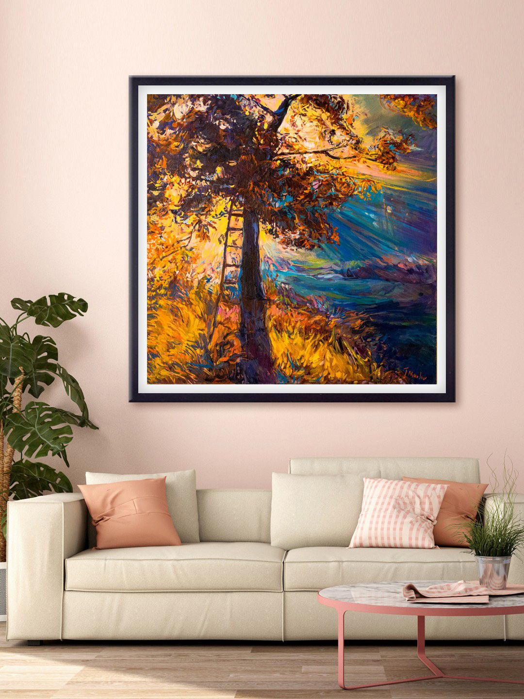 999Store Blue & Yellow Leaves Tree Printed Canvas Wall Art Price in India