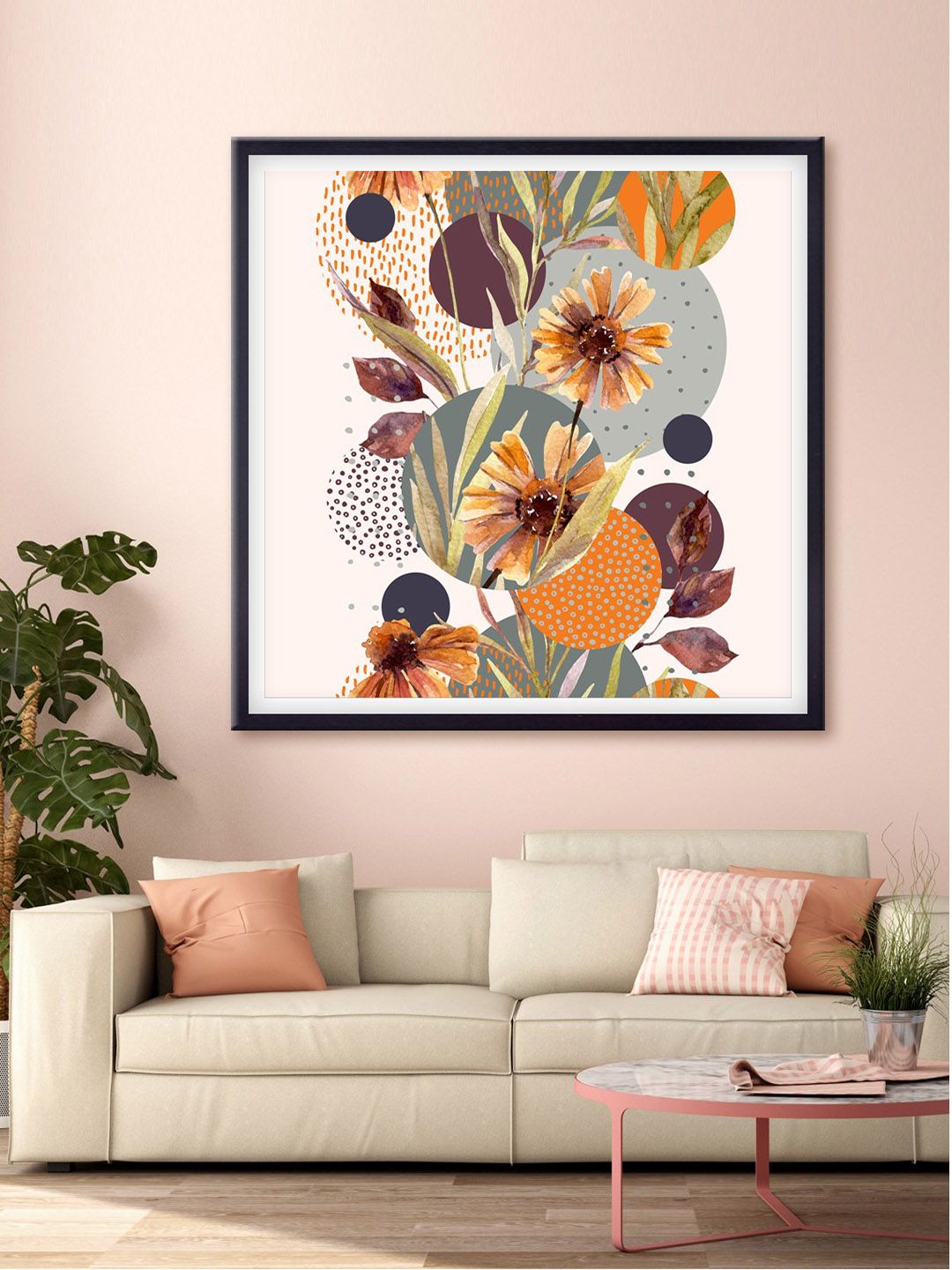 999Store Off-White & Grey Flower And Leaves Printed Canvas Wall Art Price in India