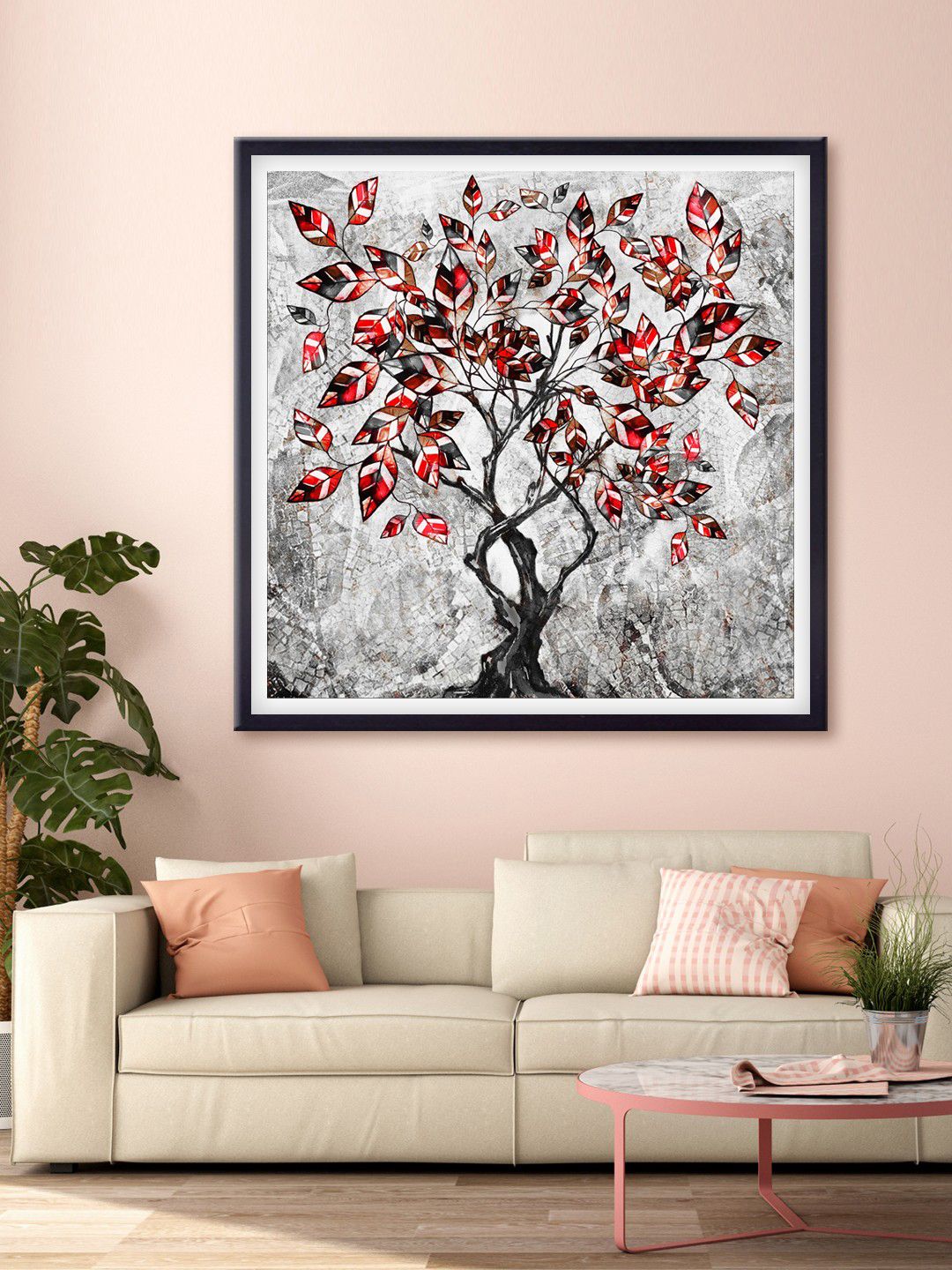 999Store Grey & Red Leaves Printed Canvas Wall Art Price in India