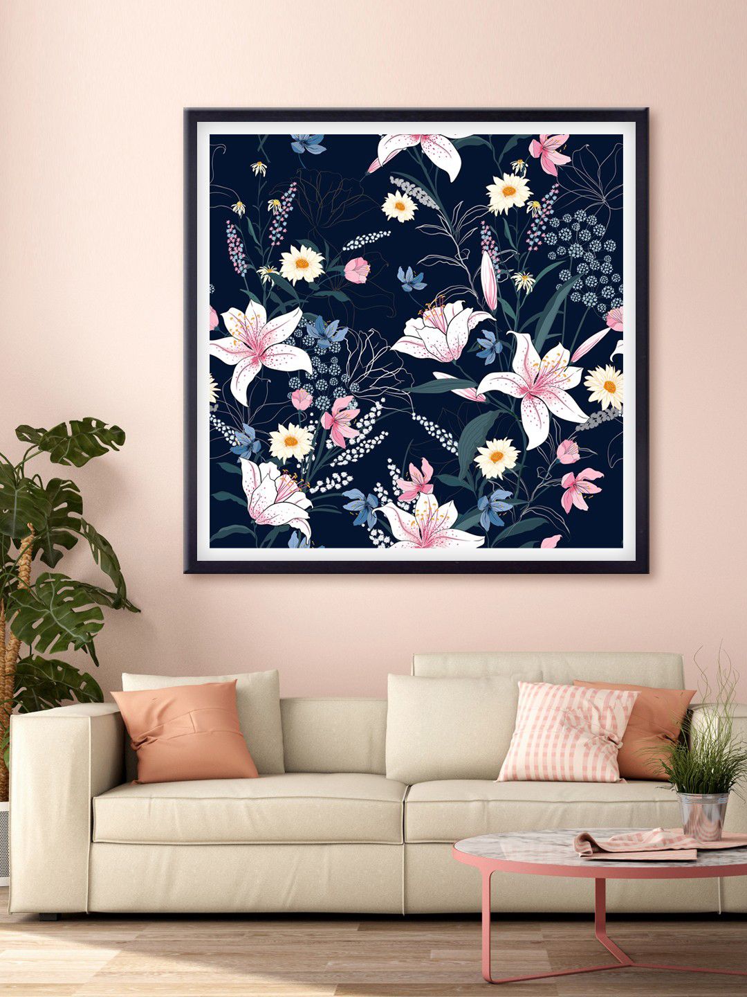 999Store Navy Blue & Off-White Flower And Leaves Printed Canvas Wall Art Price in India