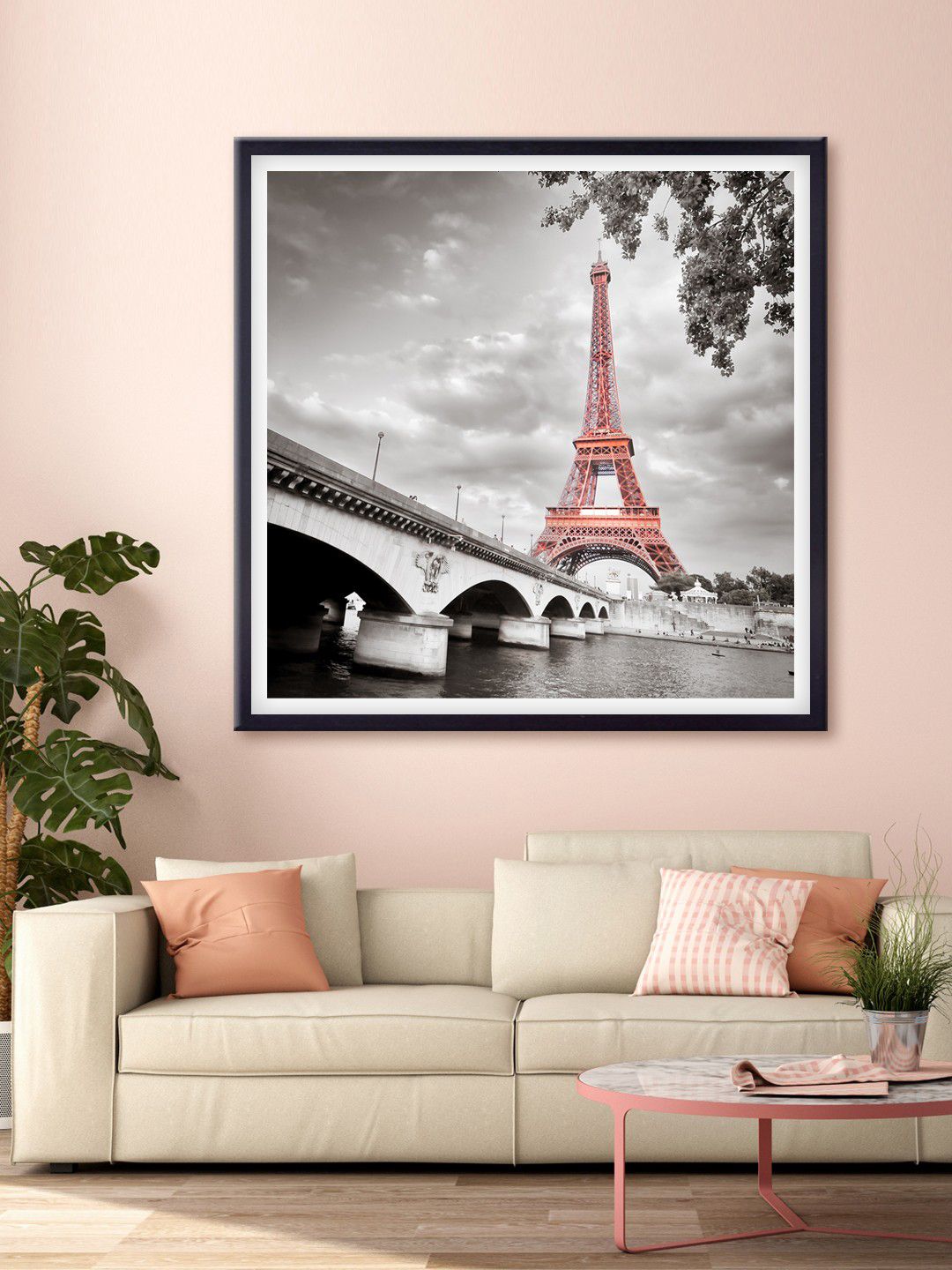 999Store Grey & Orange Eiffel Tower Printed Canvas Wall Art Price in India