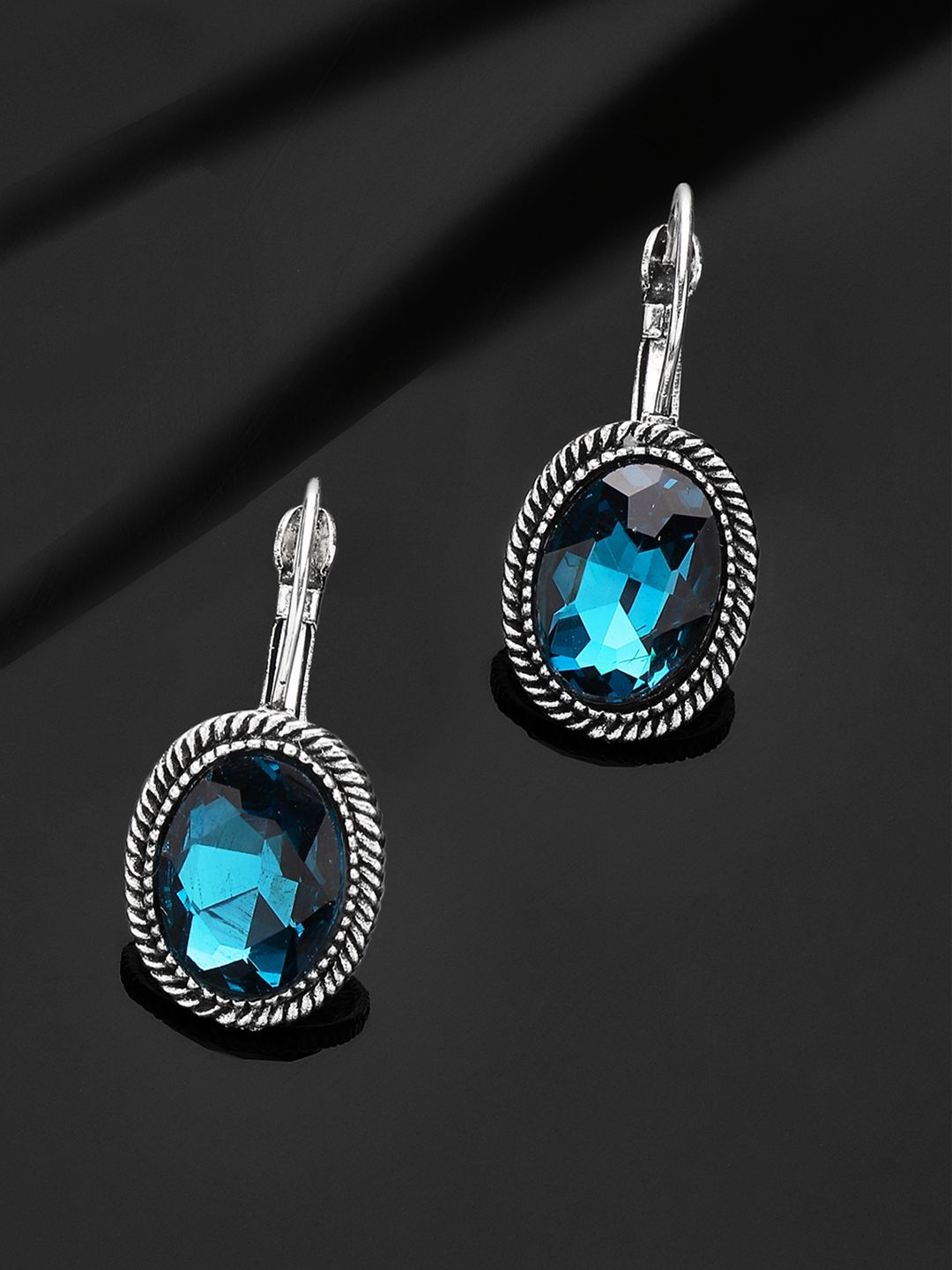 Rubans Silver-Toned & Blue Oval Drop Handcrafted Earrings Price in India