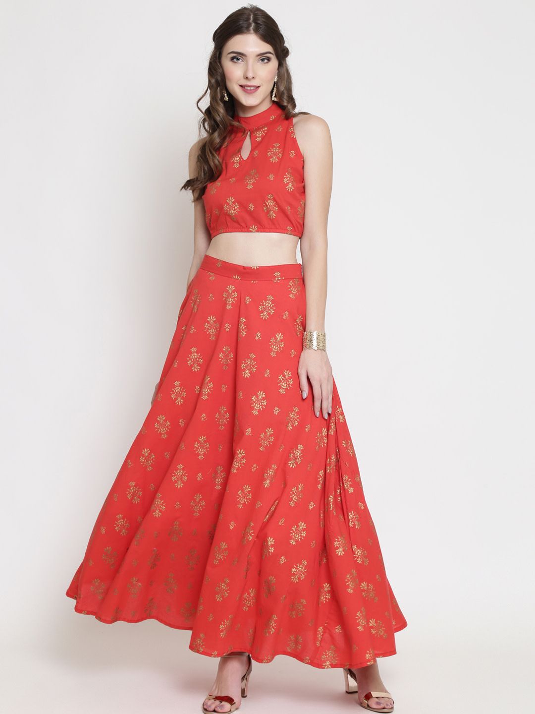 Sera Red & Gold-Toned Ready to Wear Lehenga with Blouse Price in India