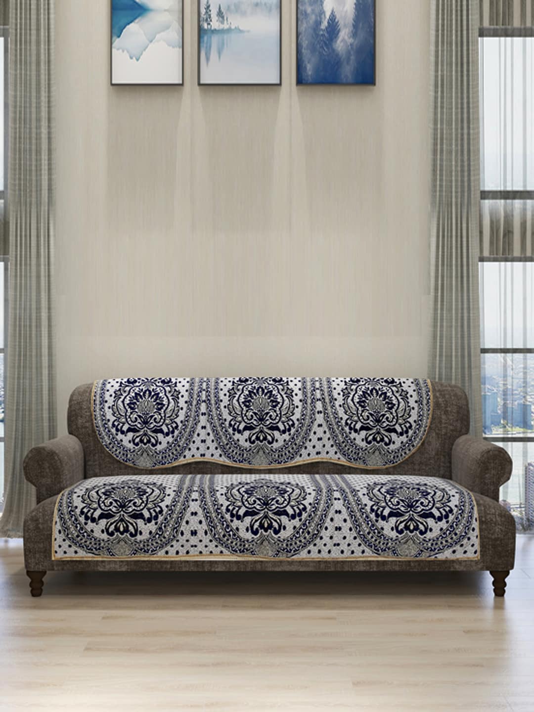 ROMEE 6-Piece Off-White & Blue Woven Design Chenille Sofa Set Covers Price in India