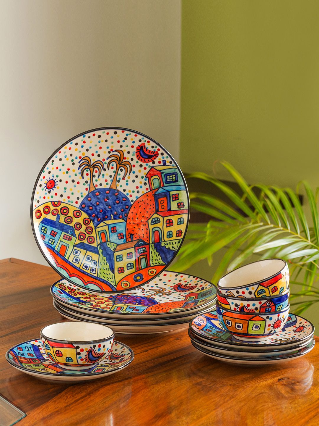 Hut Dining' Handpainted Ceramic Dinner & Quarter Plates With Katoris (12 Pieces, Serving for 4) Price in India