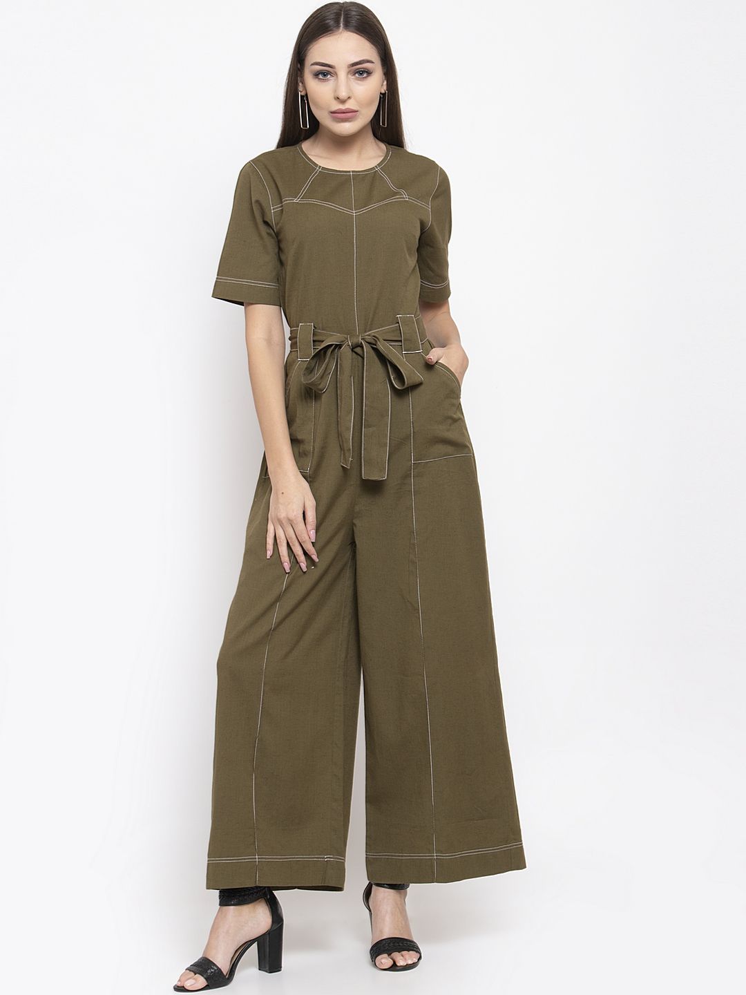THE SILHOUETTE STORE Women Olive Green Solid Basic Jumpsuit Price in India