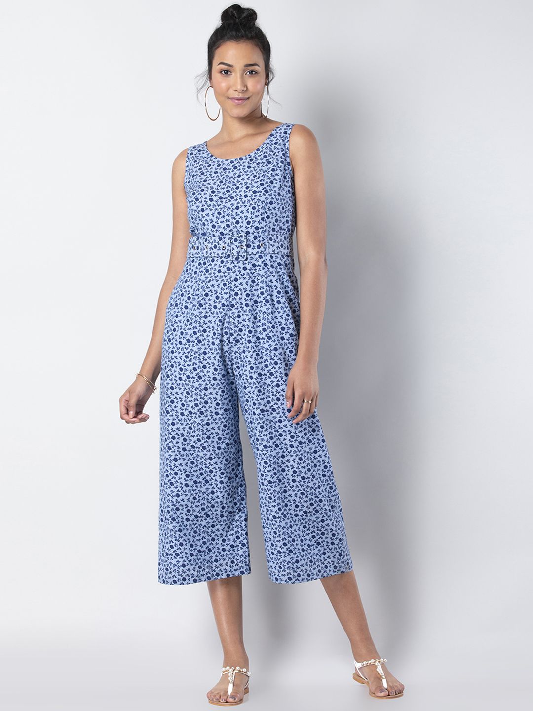 FabAlley Women Blue Printed Culotte Chambray Belted Jumpsuit Price in India