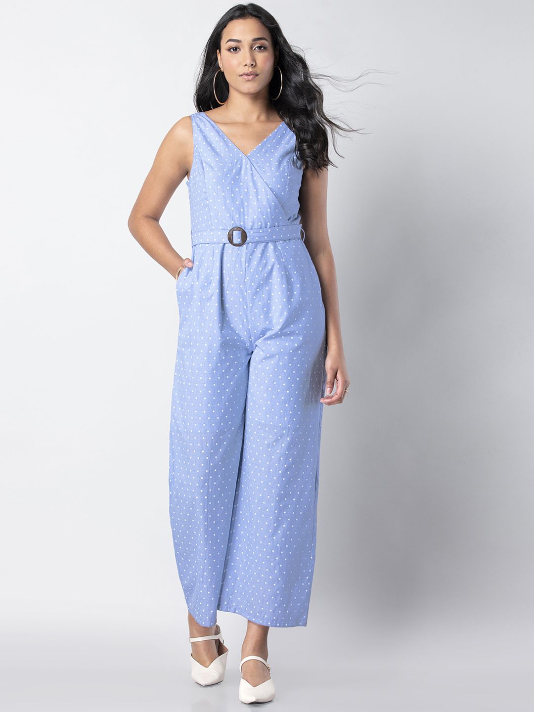 FabAlley Women Blue & White Printed Basic Jumpsuit Price in India